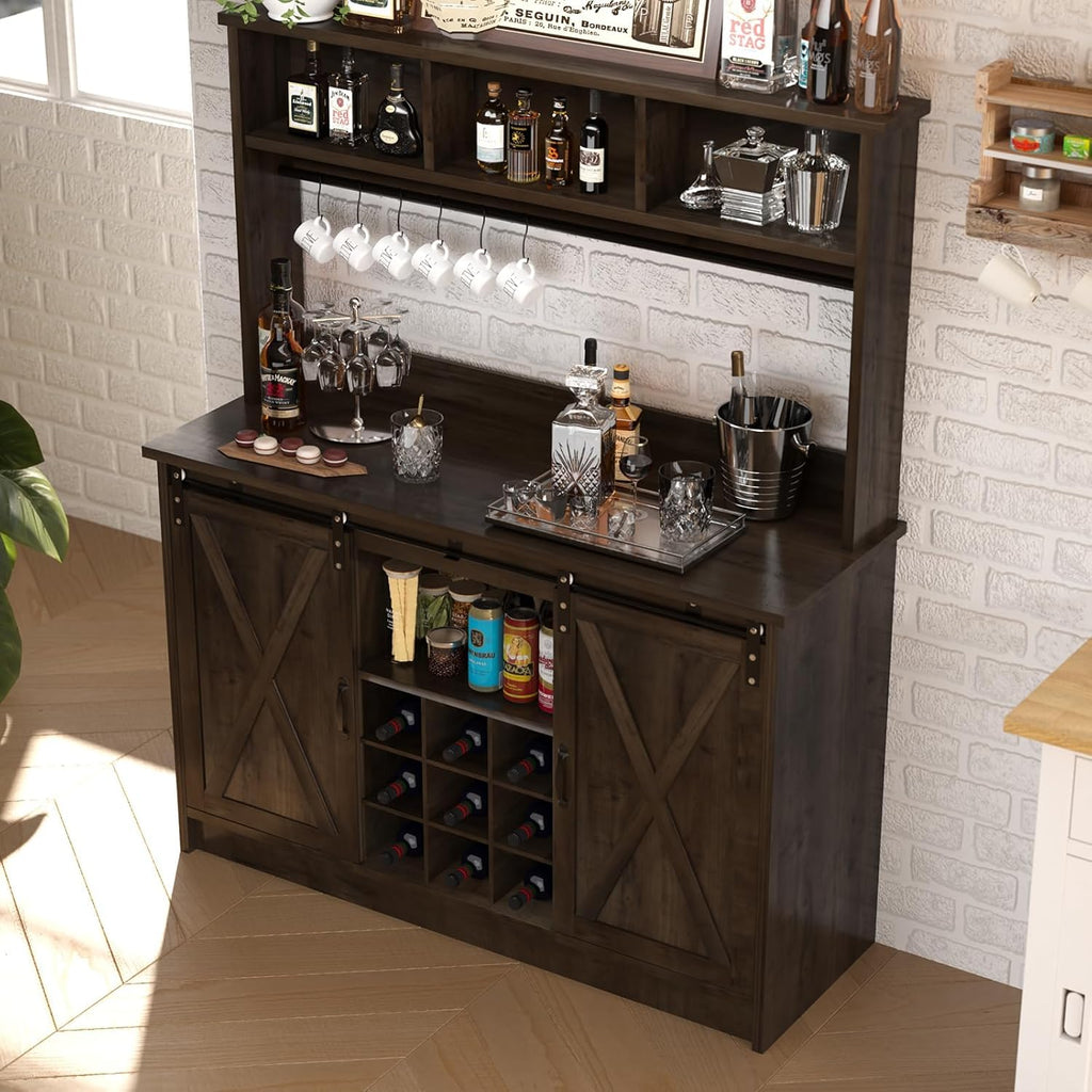 4ever2buy Farmhouse Coffee Bar Cabinet with Storage, 47” Wine Bar with Sliding Barn Doors and 3 Storage Hutch, Hutch Cabinet with 6 Hooks & 9 Wine Racks for Dining Room, Kitchen, Dark Oak