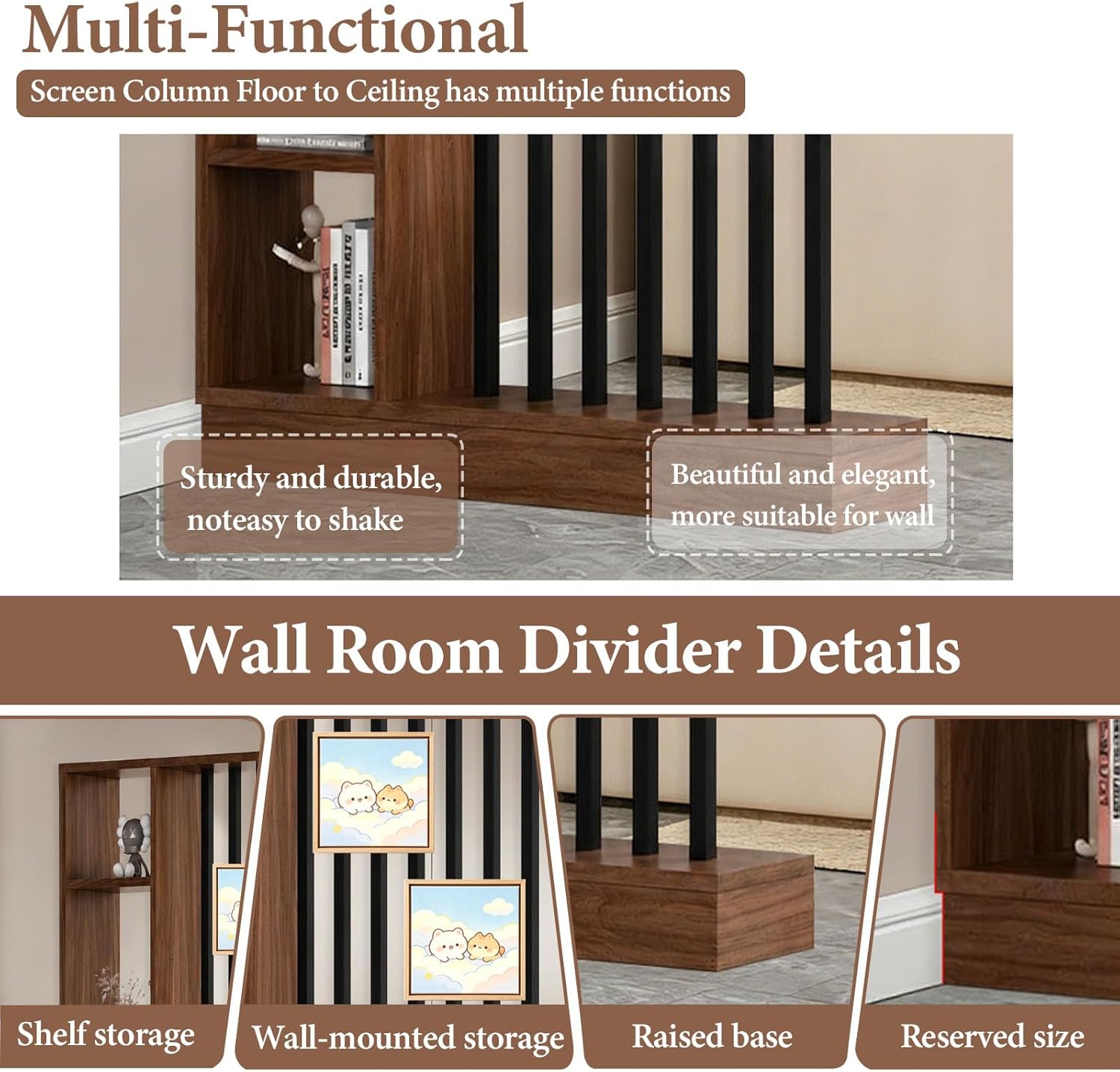 Wall Room Divider Entrance Hall Partition Screen Column Floor to Ceiling Wall Room Divider with Storage Shelves Modern Room Dividers with Shelves,Walnut+Black,L47×W9×H81