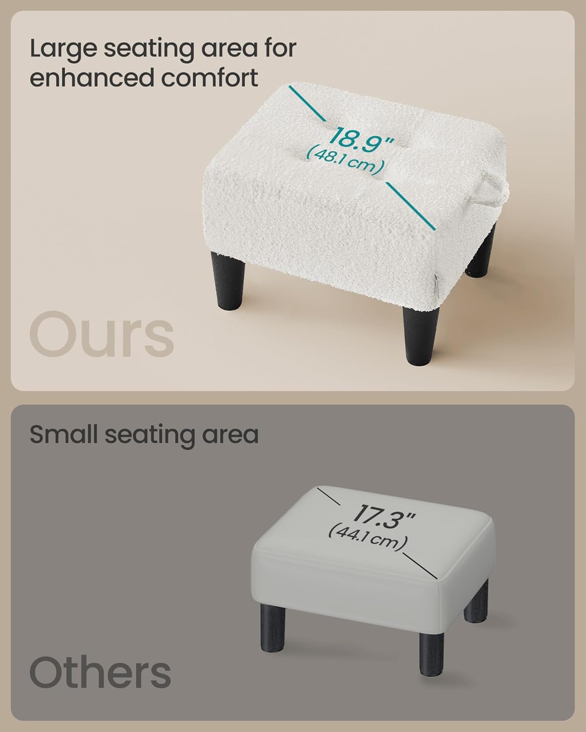 SONGMICS Foot Stool, Small Teddy Fleece Footstool Ottoman with Thick Cushion and Legs, for Living Room, Bedroom, Entryway, 330 lb Weight Capacity, Cream White and Ink Black ULOM503WD01