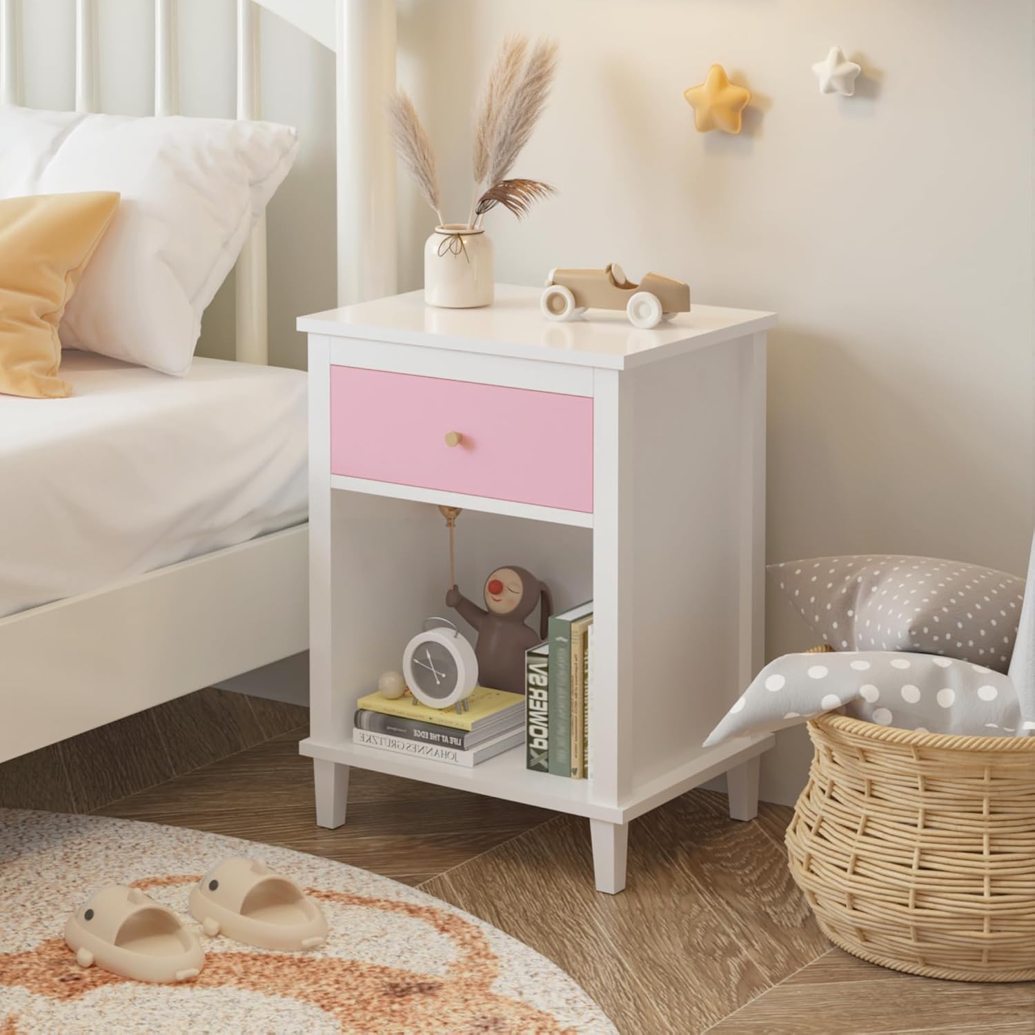 Kids Nightstand with One Drawer, Modern Nightstand, End Table for Boys and Girls, for Living Room, Bedroom (Pink)