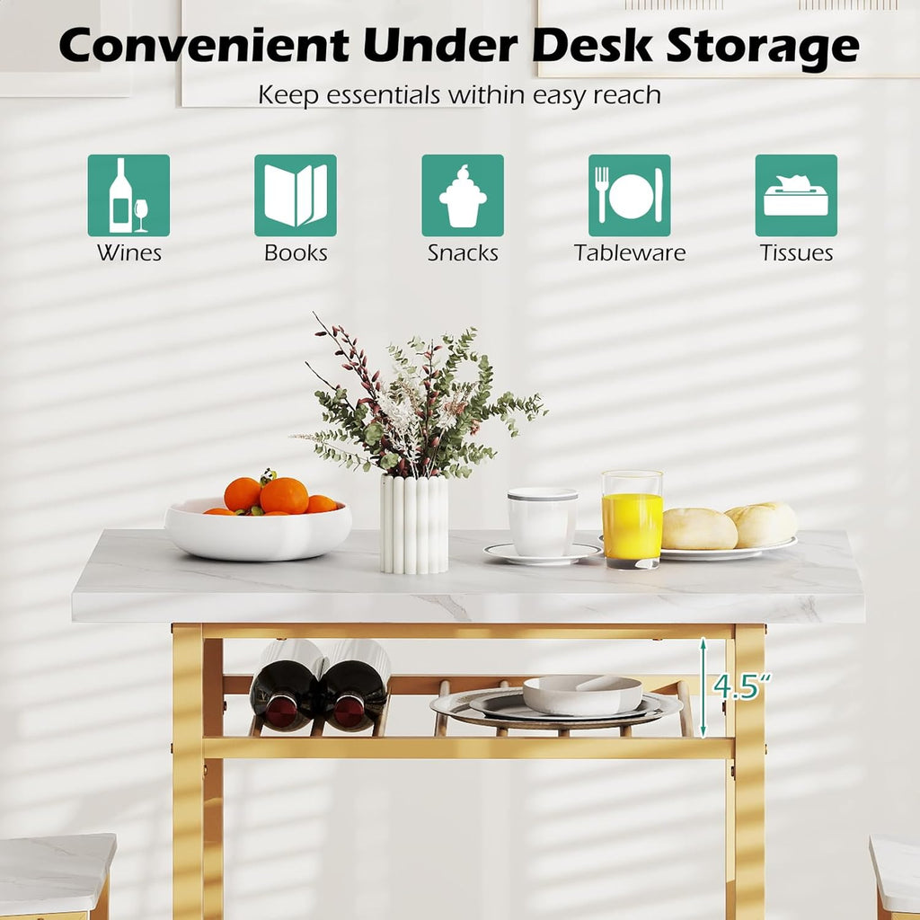 Giantex 3-Piece Dining Table Set, Rectangular Kitchen Table with Storage Rack and 2 Dining Chairs, Heavy-Duty Metal Frame, Space-Saving Dinette Set for Breakfast Nook, Apartment (White + Gold)