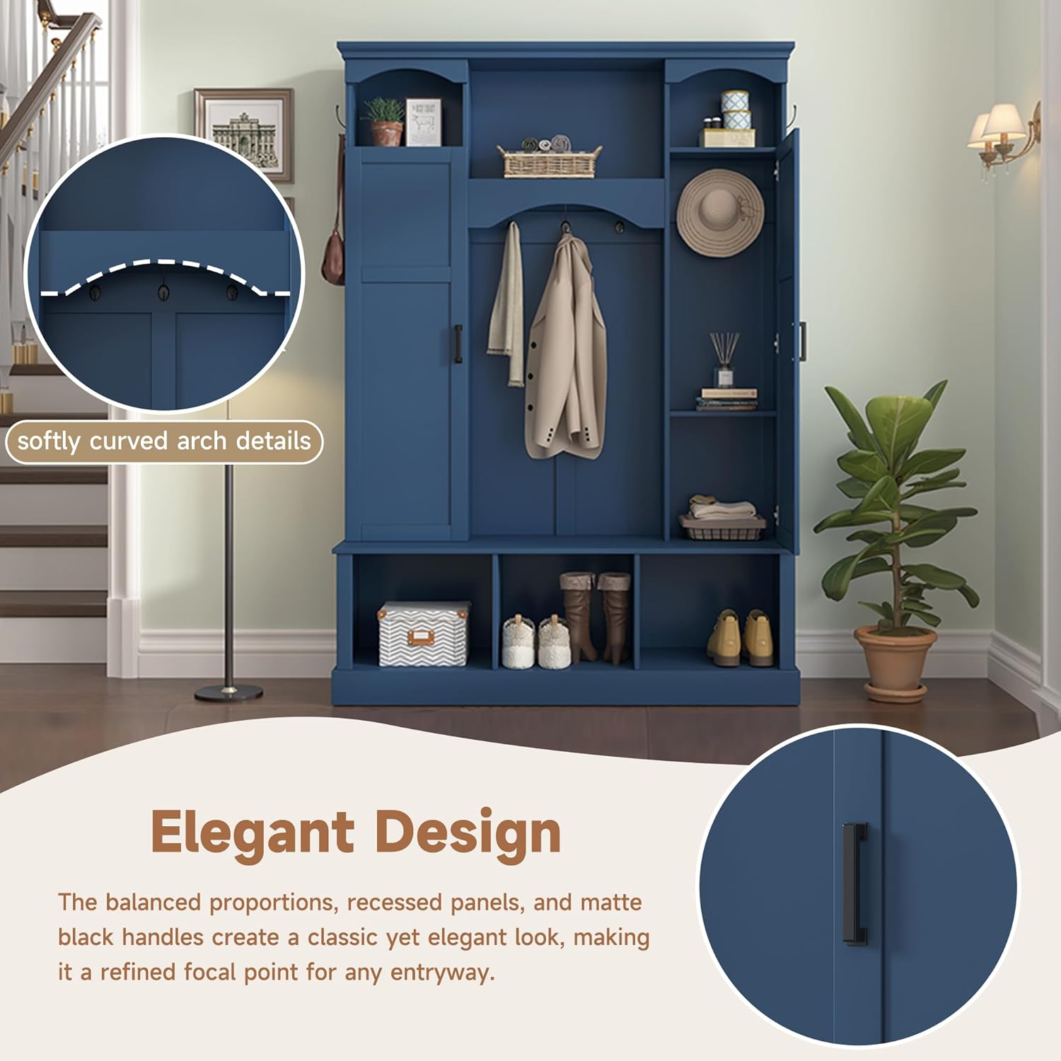 SOFTSEA Arched Hall Tree with Storage Bench, Entryway Bench with 7 Hooks and Shoe Cabinets, Modern Coat Tree Entryway Organizer with Shoe Storage for Mudroom, Living Room, Blue