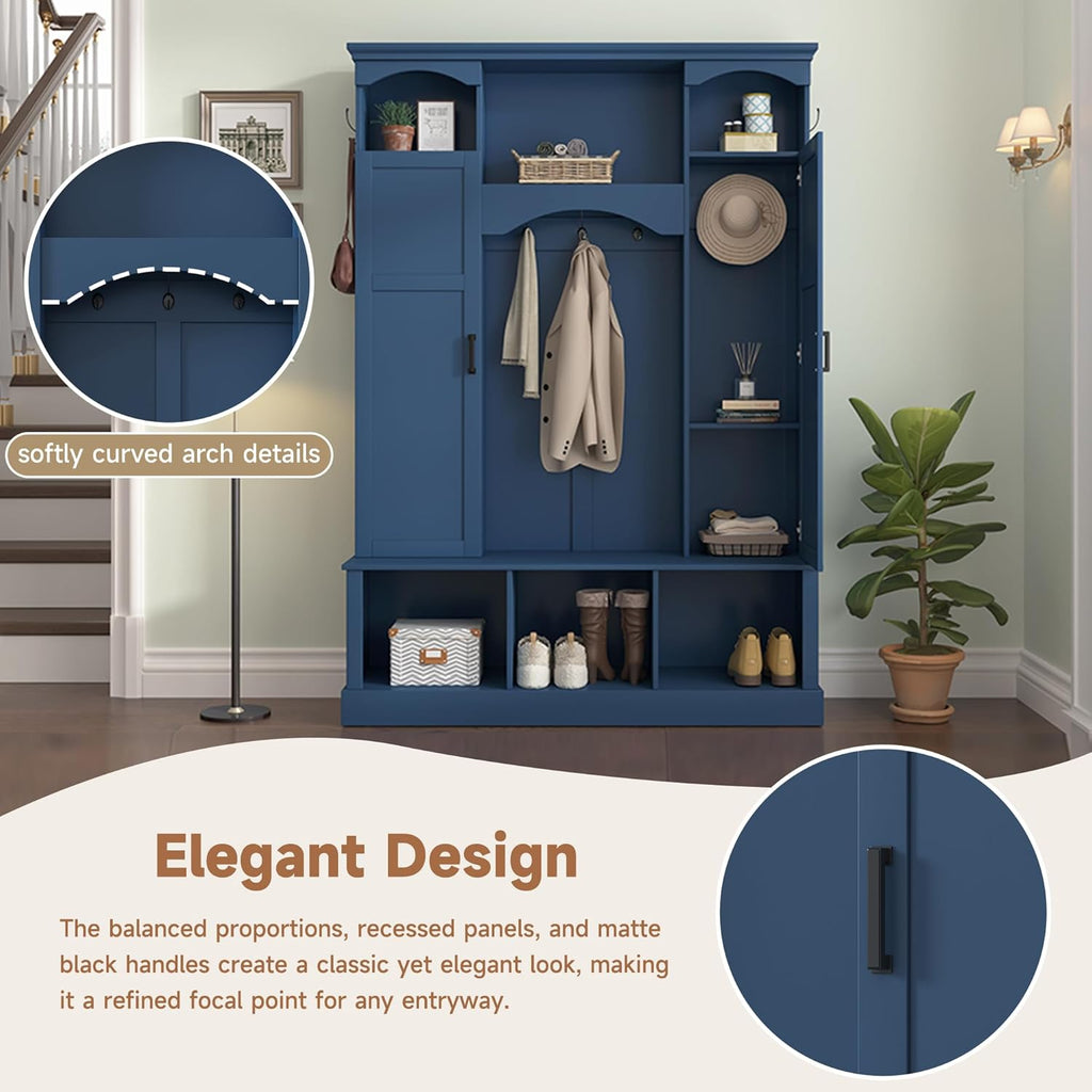 Knocbel Farmhouse Hall Tree Organizer, Seat Bench with 3 Open Compartments, Coat Rack with Dual Side Cabinets, 7 Hooks, Adjustable Shelves, 3 Top Cubbies, for Entryway Living Room, 53.5" Blue