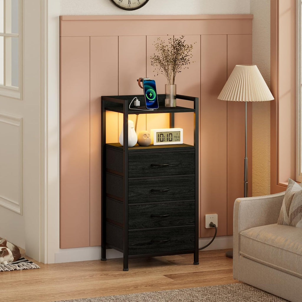 Furnulem Night Stand with Charging Station,LED,Tall Bedside Table for Dorm | 4 Drawer Dresser for bedroom, with LED light & Remote Control, Fabric Bins and Metal Frame,Wood Desk Top,Easy Assemble,Black