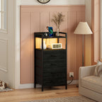 Furnulem Night Stand with Charging Station,LED,Tall Bedside Table for Dorm | 4 Drawer Dresser for bedroom, with LED light & Remote Control, Fabric Bins and Metal Frame,Wood Desk Top,Easy Assemble,Black