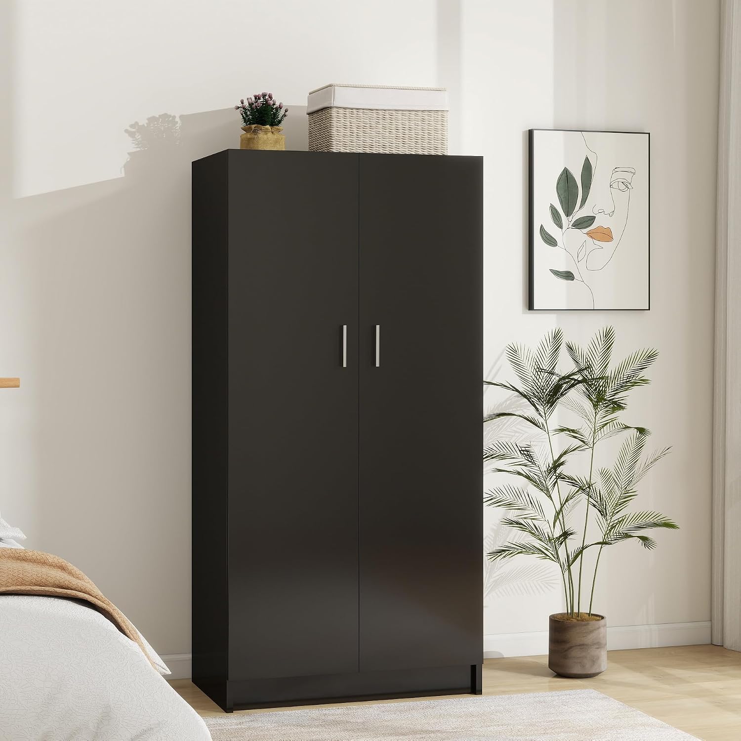 Panana 2 Door Wood Wardrobe Cabinet Closet with Hanging Rail and 2 Shelves, Bedroom Armoire for Storage (Black)