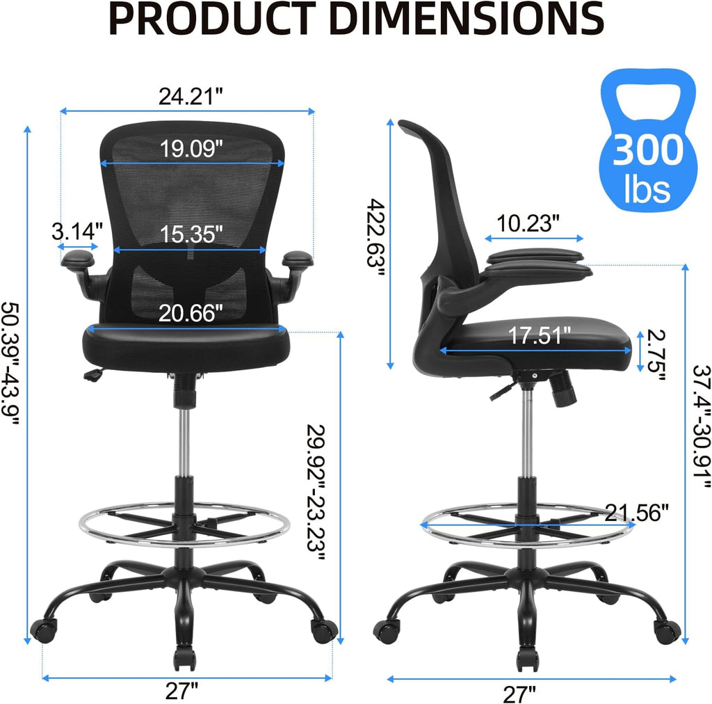 Ergonomic Drafting Chair, Standing Desk Chair with Lumbar Support Tall Office Chair with Flip-Up Arms Footrest Ring, Breathable Mesh High Desk Chair with PU Leather Seat Cushion, Black