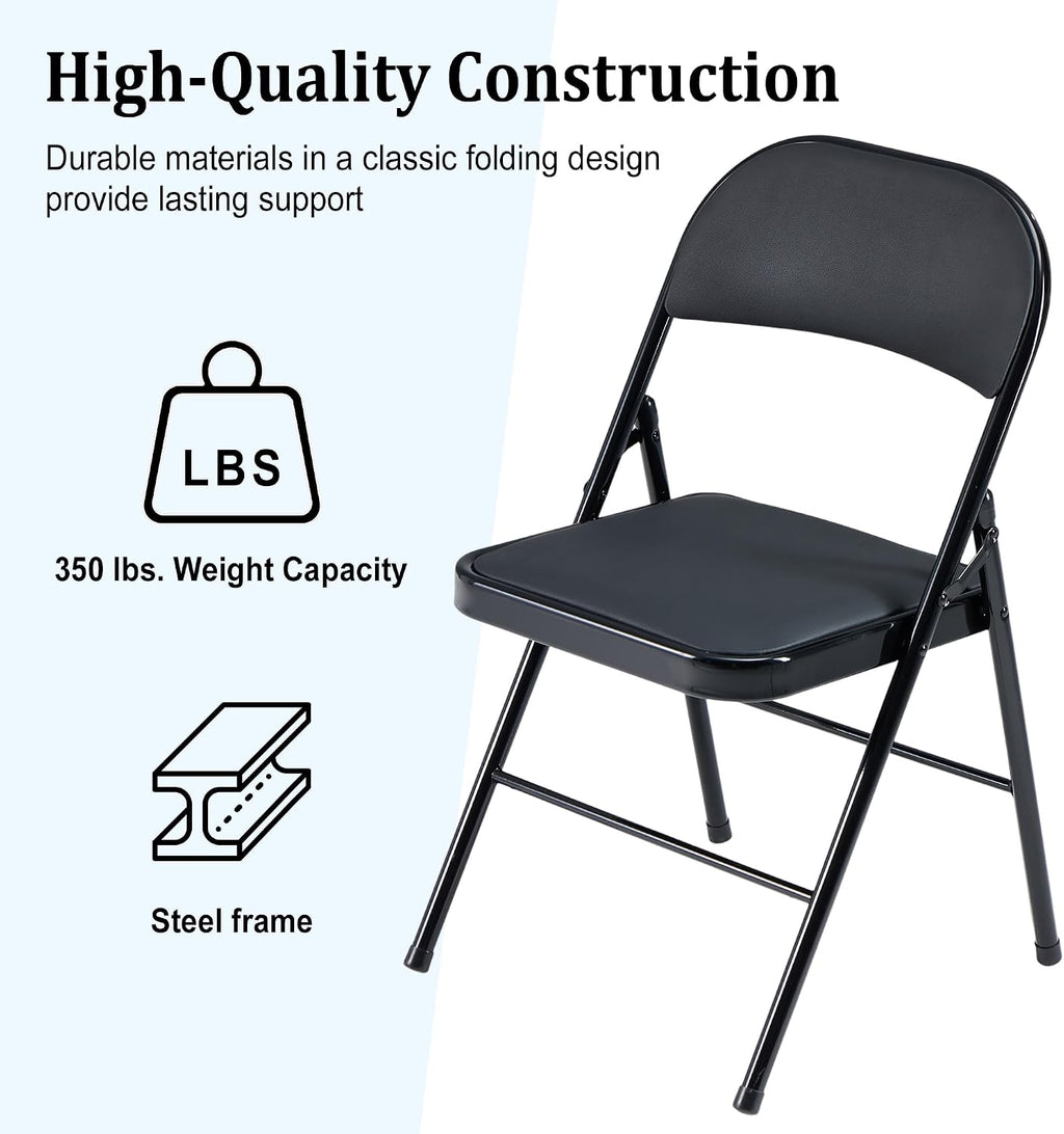 Folding Chairs 6 Pack Black with Padded Seats, 350-LBS Heavy Duty Metal Frame, Portable Design for Home Use, Party Events Outside, No Assembly Required