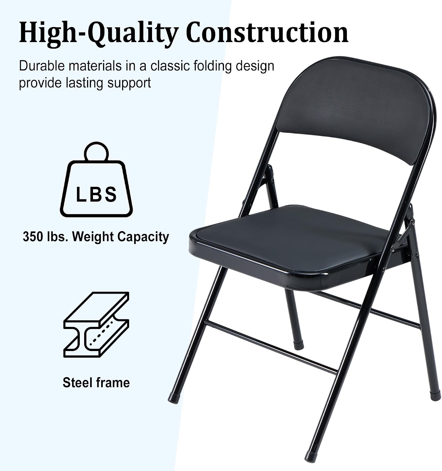 Folding Chairs 6 Pack Black with Padded Seats, 350-LBS Heavy Duty Metal Frame, Portable Design for Home Use, Party Events Outside, No Assembly Required