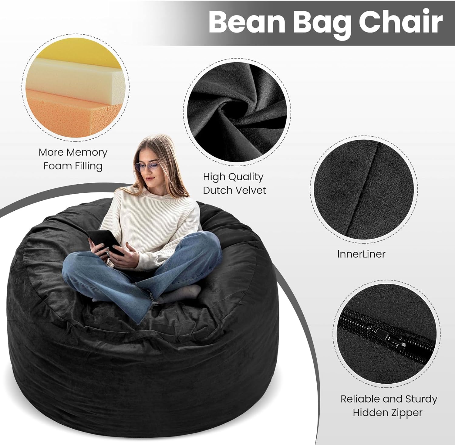 Century 3FT Bean Bag Chair - Memory Foam Filled - Removable & Machine Washable Velvet Cover - Giant Bean Bag Sofa for Adults, Teens & Kids, Perfect for Gaming, Bedroom, Living Room & Dorm (Black)