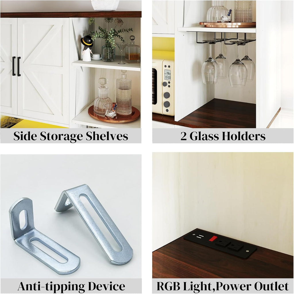 71" Kitchen Pantry Cabinet with Charging Station & LED Light,Freestanding Buffet Storage Cabinets with Adjustable Shelves,Farmhouse Kitchen Hutch with Microwave Stand for Dining Room (White+Brown)
