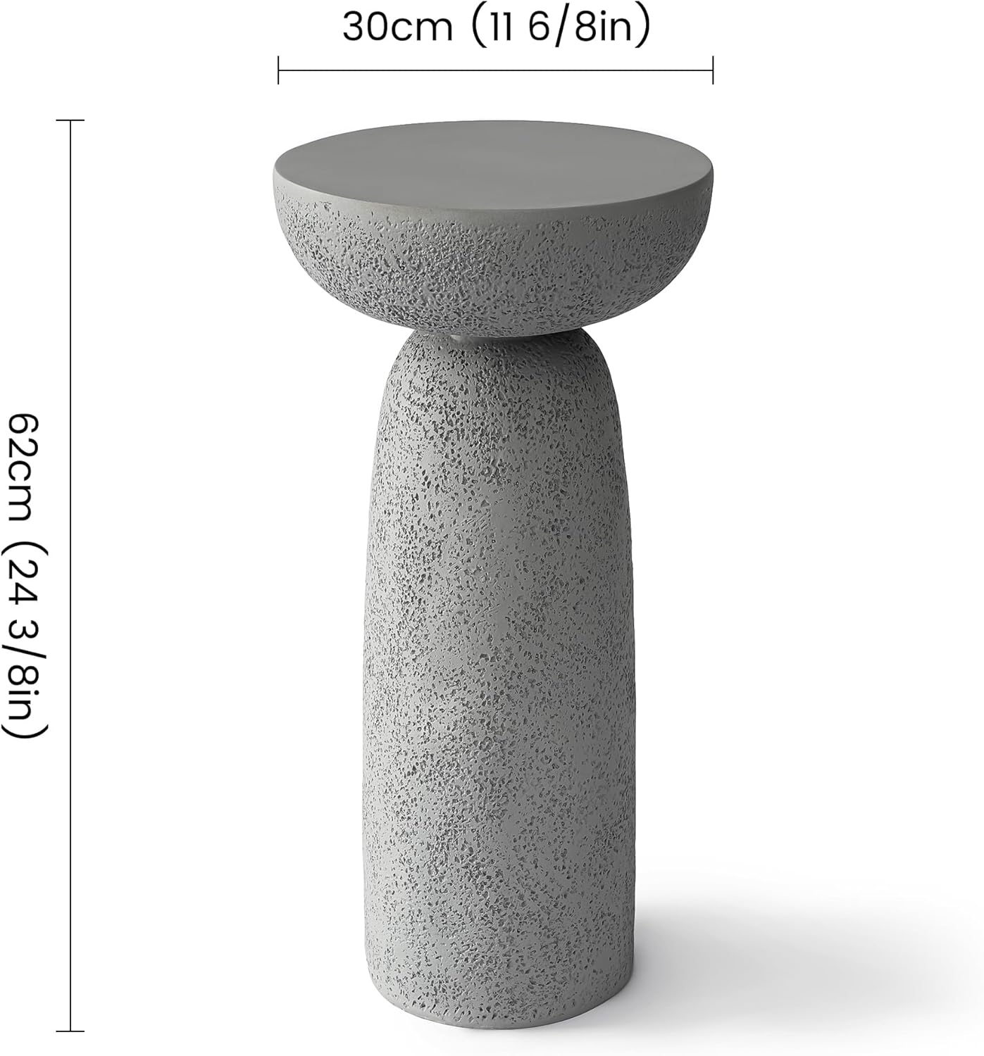 24'' Tall Round Gray Pedestal Side Table, Modern Hourglass End Table with Stone Texture, Minimalist Faux Concrete Accent Table for Living Room, Bedroom, or Patio