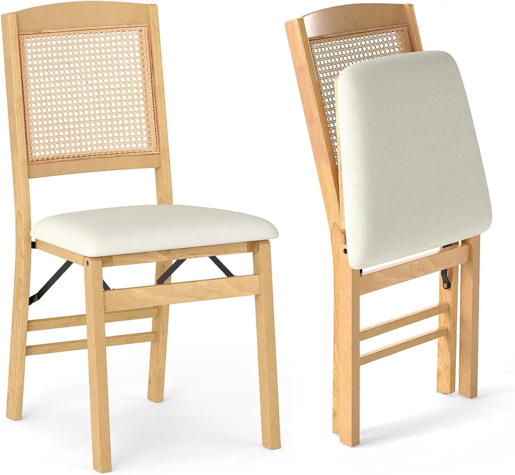 HAPPYGRILL Folding Dining Chairs Set of 2, Wood Kitchen Chair with Rattan Backrest & Padded Seat, Foldable Armless Side Chairs Set for Dining Room, Living Room, No Assembly (2, Natural & Beige)