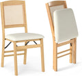 HAPPYGRILL Folding Dining Chairs Set of 2, Wood Kitchen Chair with Rattan Backrest & Padded Seat, Foldable Armless Side Chairs Set for Dining Room, Living Room, No Assembly (2, Natural & Beige)