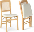 HAPPYGRILL Folding Dining Chairs Set of 2, Wood Kitchen Chair with Rattan Backrest & Padded Seat, Foldable Armless Side Chairs Set for Dining Room, Living Room, No Assembly (2, Natural & Beige)
