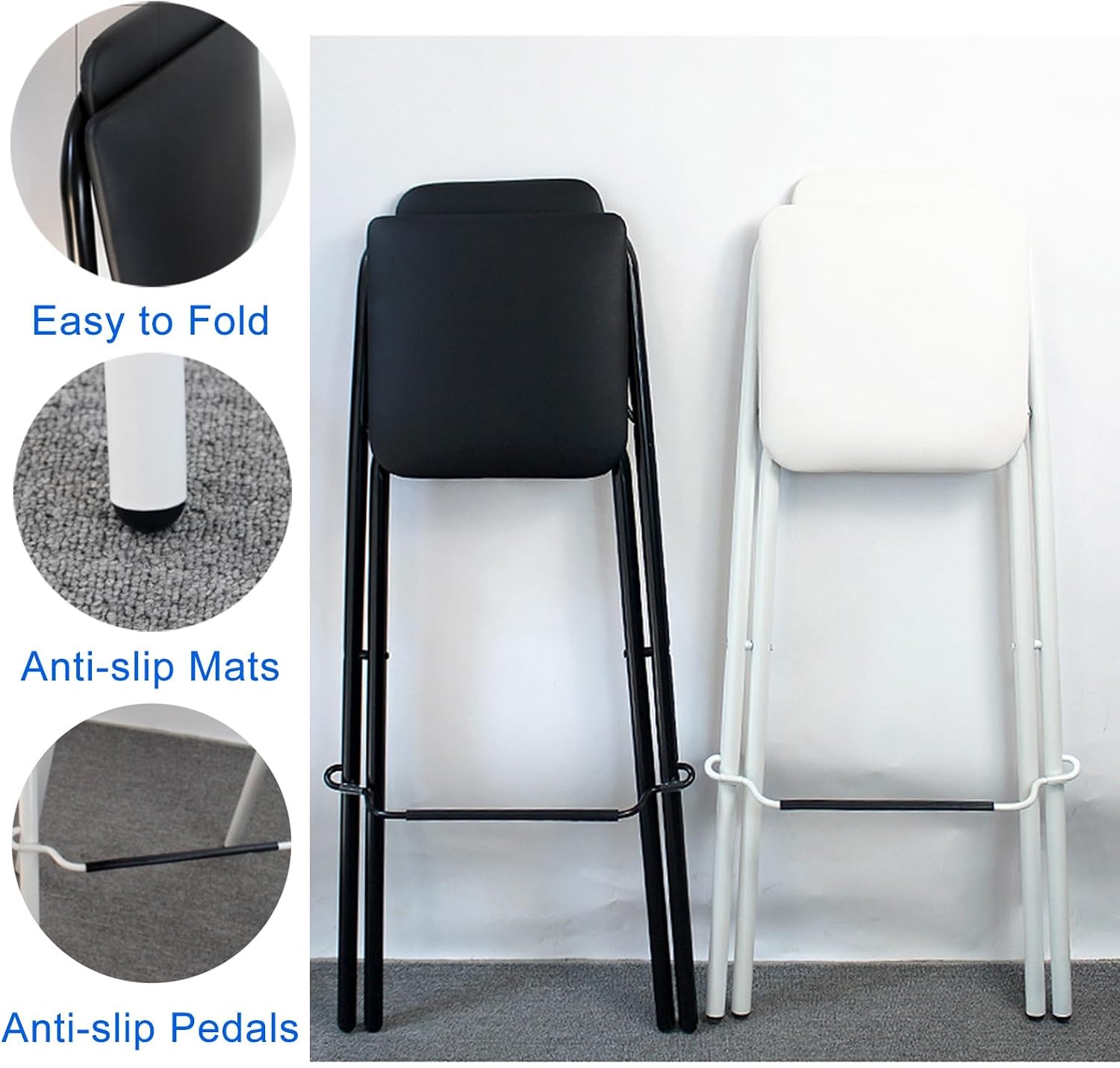 Folding Bar Stool with Backrest, Set of 2 Portable Folding Stool Chair PU Sponge Seat Tall Bar Stools - 300 lbs Capacity (Color : White, Size : Seat Height 27")
