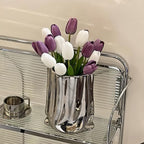 Ceramic Flower Vase, Crinkle Paper Bag Shape, Silver Metal, Modern Home Decor (X-Large)
