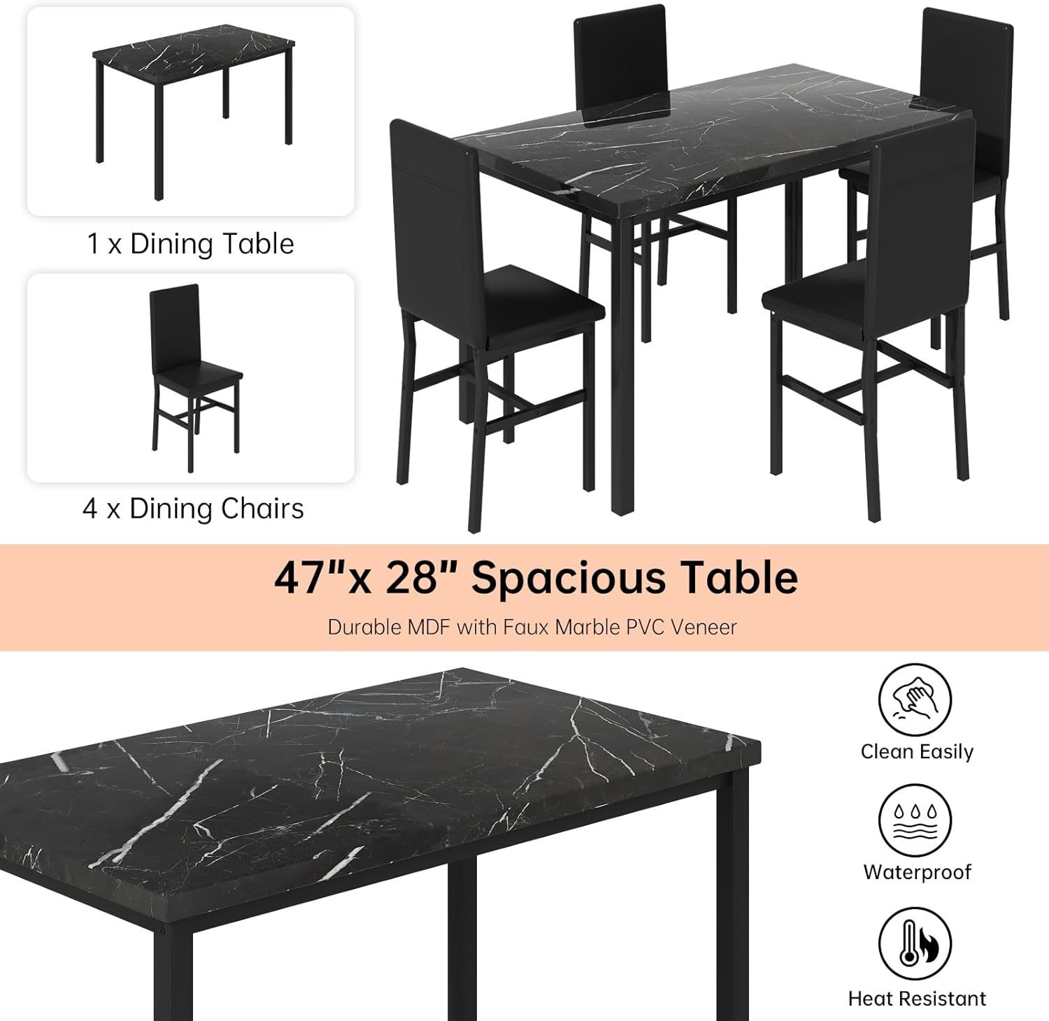 DKLGG 5-Piece Dining Table Set for 4, Faux Marble Kitchen Table Chairs Set of 4 with Upholstered Chairs, Modern Dining Room Table Set for Small Spaces (Black+Black)
