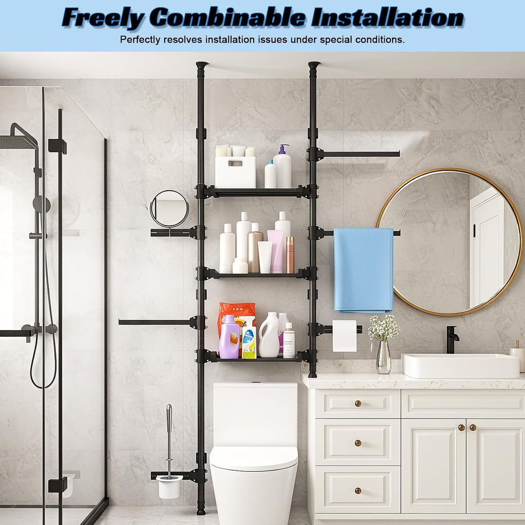 4-Tier Over The Toilet Storage Shelf, Adjustable Carbon Steel Bathroom Organizer, No Drill Tension Mount Freestanding Shelving Unit for Small Rooms, Space Saving Above Behind Toilet