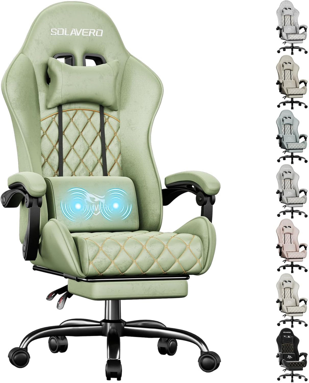 HLDIRECT Massage Recliner Gaming Chair with Footrest for Adults, Green | 300lbs Capacity, Ergonomic Office Computer Chair, Lumbar Support, Breathable Fabric, Headrest, 360° Swivel, Metal Frame