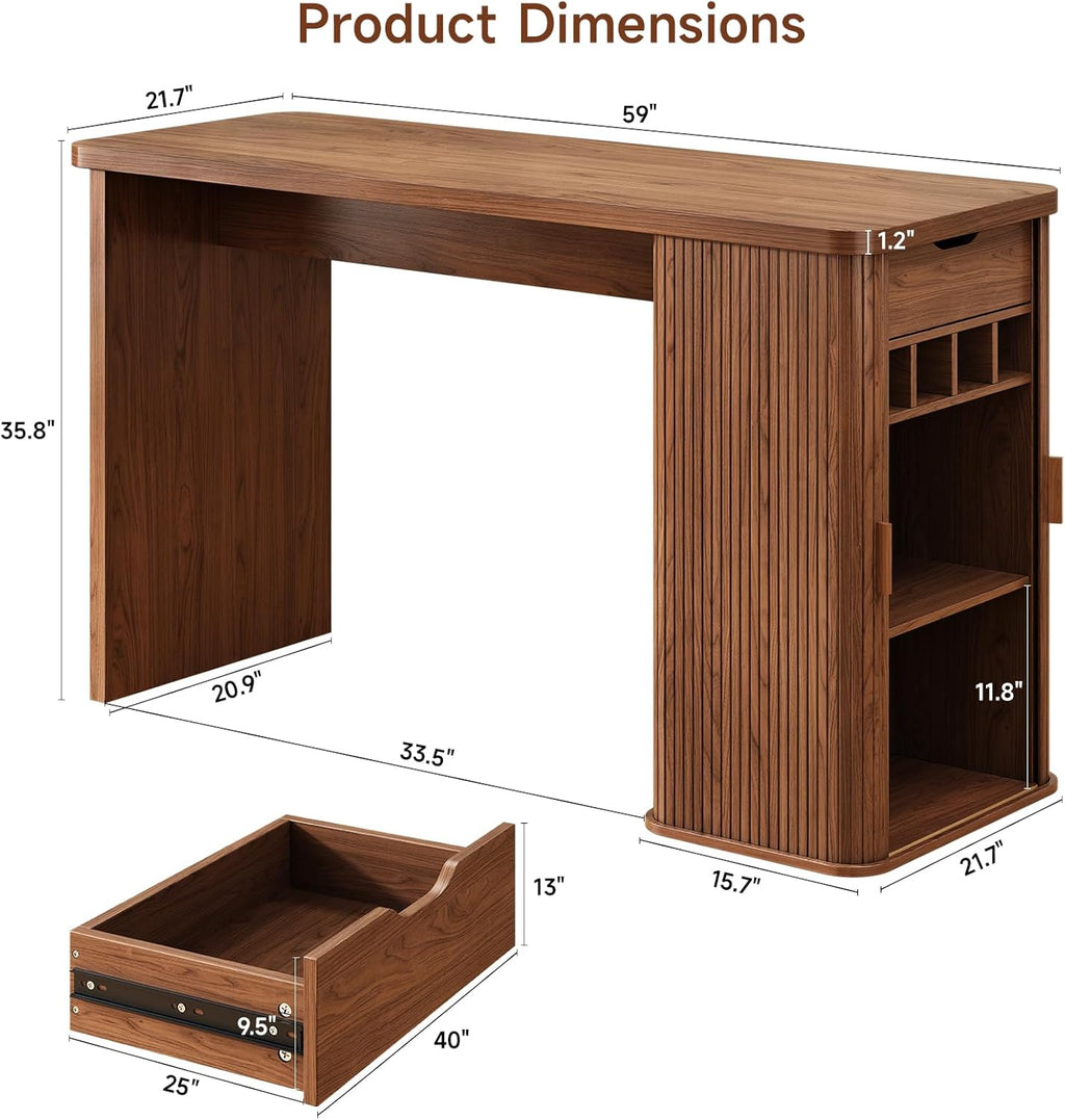ONBRILL 59 Inch Kitchen Island with Storage, Fluted Counter Height Table, Mid-Century Modern Kitchen Island Table with Sliding Door, Home Bar Tables with Wine Rack and Drawers Walnut