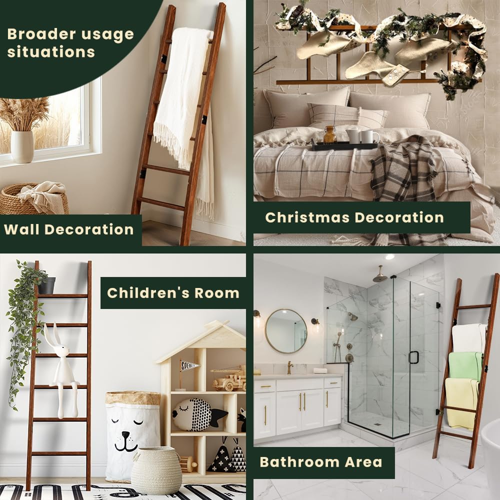 Decorative Foldable Wooden Blanket Ladder, 6-Tier Pine Wood Quilt Ladder 68" — Easy Assembly, Anti-Slip, Farmhouse Decor Rack Stand for Living Room, Bedroom Bathroom (Brown)