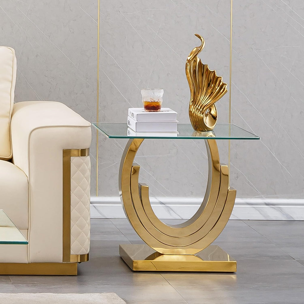 Tempered Glass End Table, Square End Table with Gold Circle Base, Mid Century Modern Couch Sofa Side Tables Bedside Tables for Living Room Bedroom, Glass Nightstand Clear Night Stand