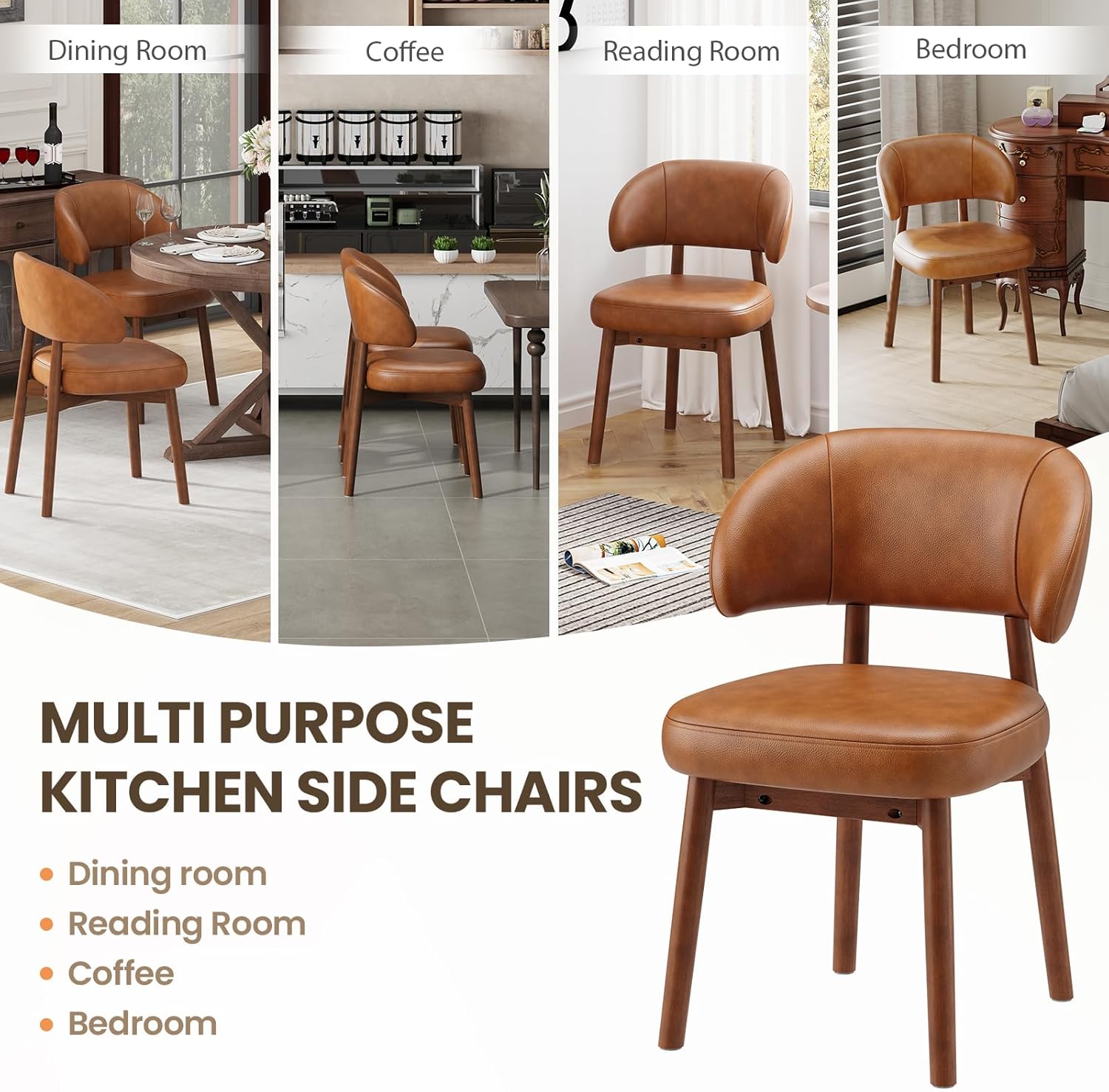 MALOL Wooden Dining Chairs Set of 4, Modern Upholstered Dining Room Chair, PU Leather Kitchen Side Chairs with Curved Open Back for Living Room/Restaurant/Cafe, Brown
