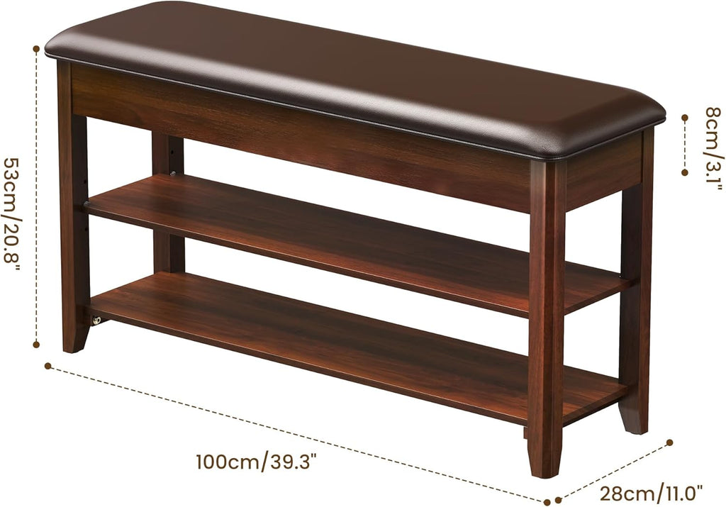 LBT Shoe Bench with Storage, Solid Rubberwood Shoe Rack Bench for Entryway, Adjustable 6.3" Shelf Fits High-Top Shoes & Boots, Hidden Storage Compartment, Cushion Seat, Stay-Open Hinge, Walnut