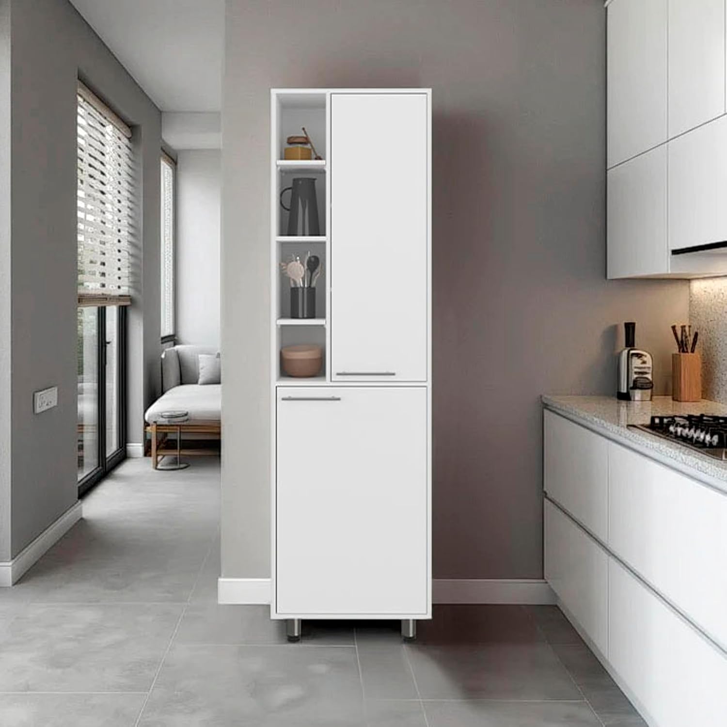 Modern White Kitchen Pantry Cabinet with Open & Closed Shelves – Space-Maximizing Storage for Appliances, Jars & Containers | Durable, Dust-Resistant Design with Ergonomic Access