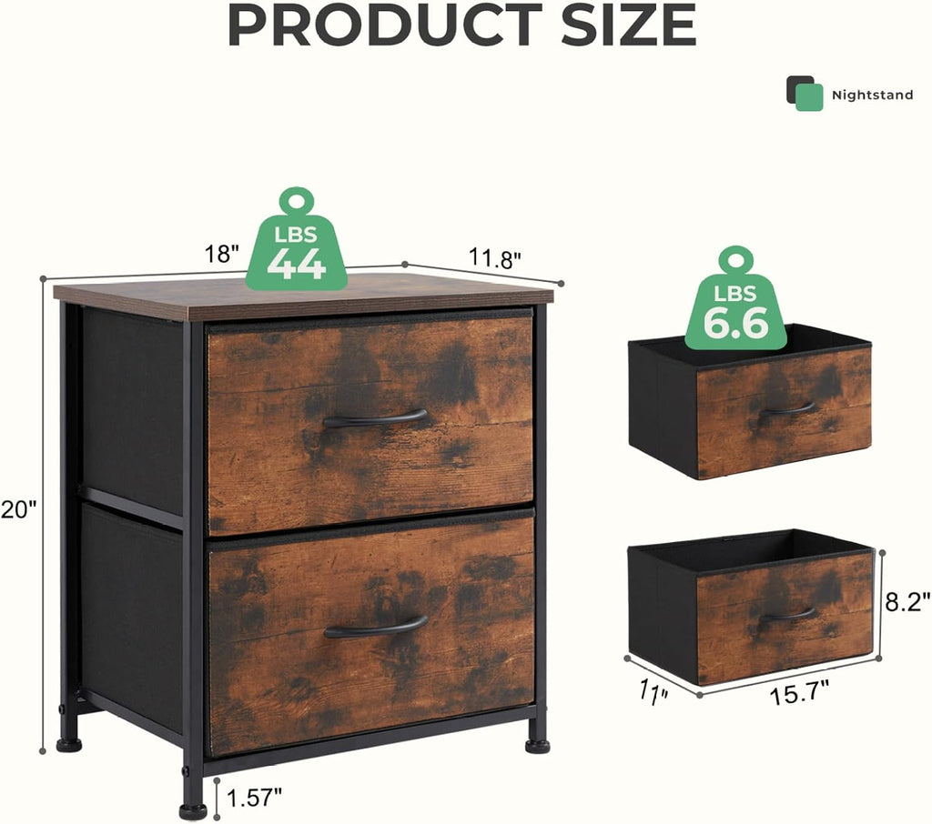 Fabric Dresser 2 Drawers, Nightstands with Adjustable Feet, End Table Set of 2