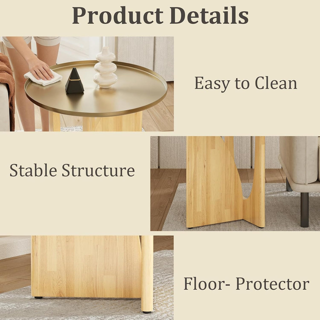Farmhouse Rubberwood End Table, Beige Rustic End Table with Stainless Steel Tabletop, Round Side Table for Living Room, Bedroom, Lounge