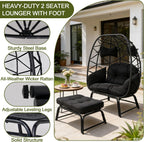 Double Wicker Egg Chair with Ottoman, Indoor Outdoor Egg Basket Lounge Chair with Thick Cushion, 650 lbs Capacity Oversized Rattan Egg Shaped Chair with Leg for Patio Balcony Garden (Black)