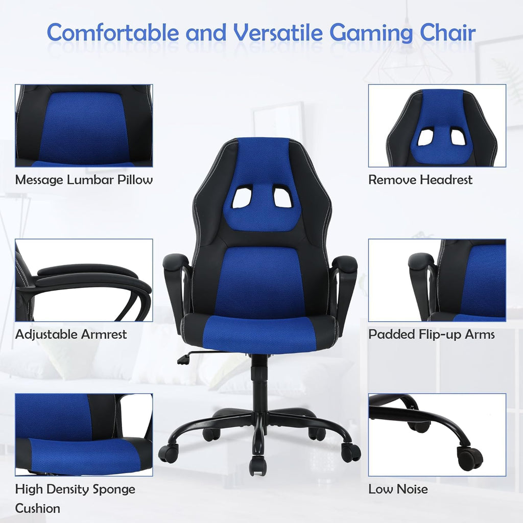 Gaming Chair Office Chair Ergonomic Video Game Chairs Adjustable Reclining Computer Chair with Lumbar Support Armrest Headrest Task Rolling Swivel Chair Game Chair for Adult Teen - Blue