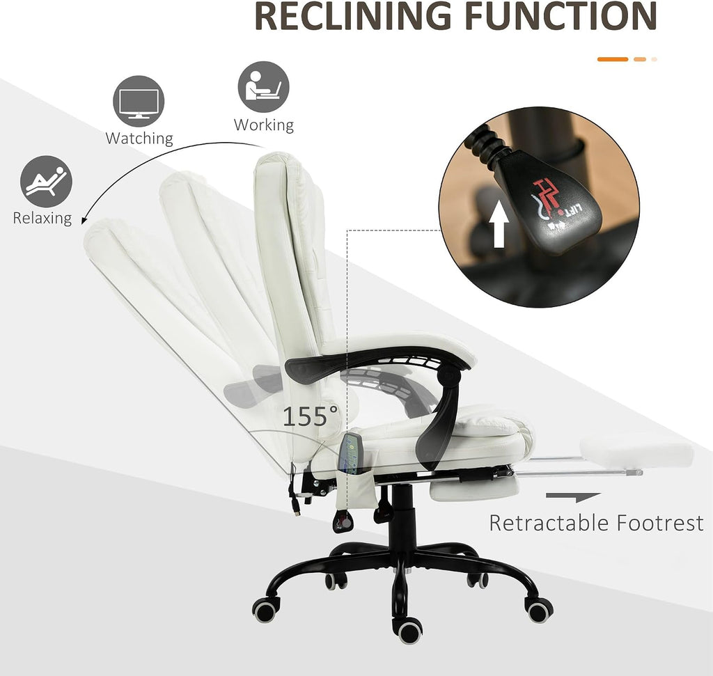 22x28in 240lb Premium Executive Ergonomic Fully Reclining High Back Office Chair Vibrating Massage Lumbar Support Almond White
