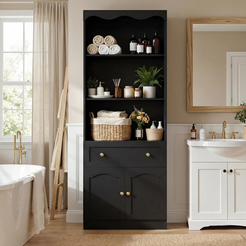 Cyclysio 80" Tall Pantry Cabinet with 3-Tier Open Shelves, Black Kitchen Pantry Storage Cabinet with Drawer, Kitchen Organizer with Built-in Baseboard Notch for Kitchen, Living Room, Bathroom