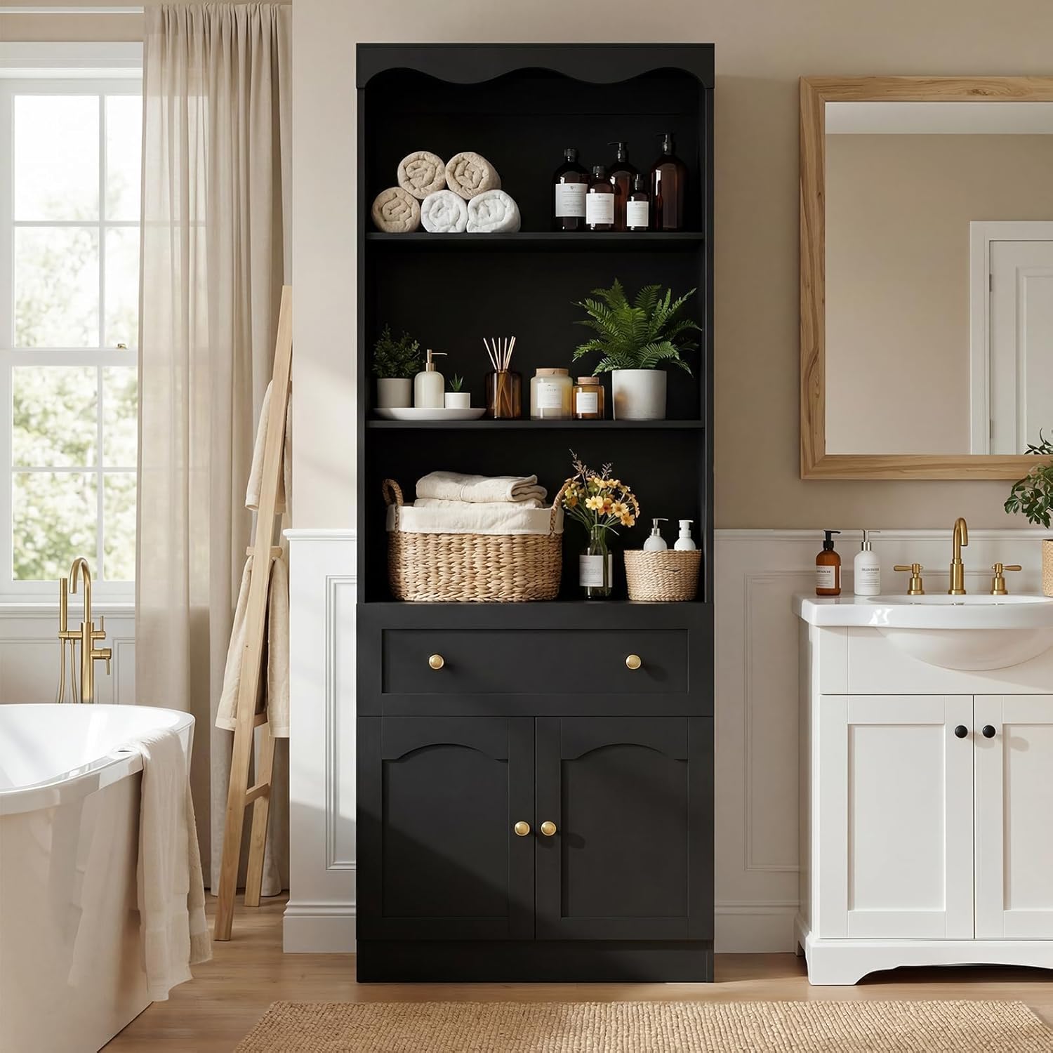 Cyclysio 80" Tall Pantry Cabinet with 3-Tier Open Shelves, Black Kitchen Pantry Storage Cabinet with Drawer, Kitchen Organizer with Built-in Baseboard Notch for Kitchen, Living Room, Bathroom