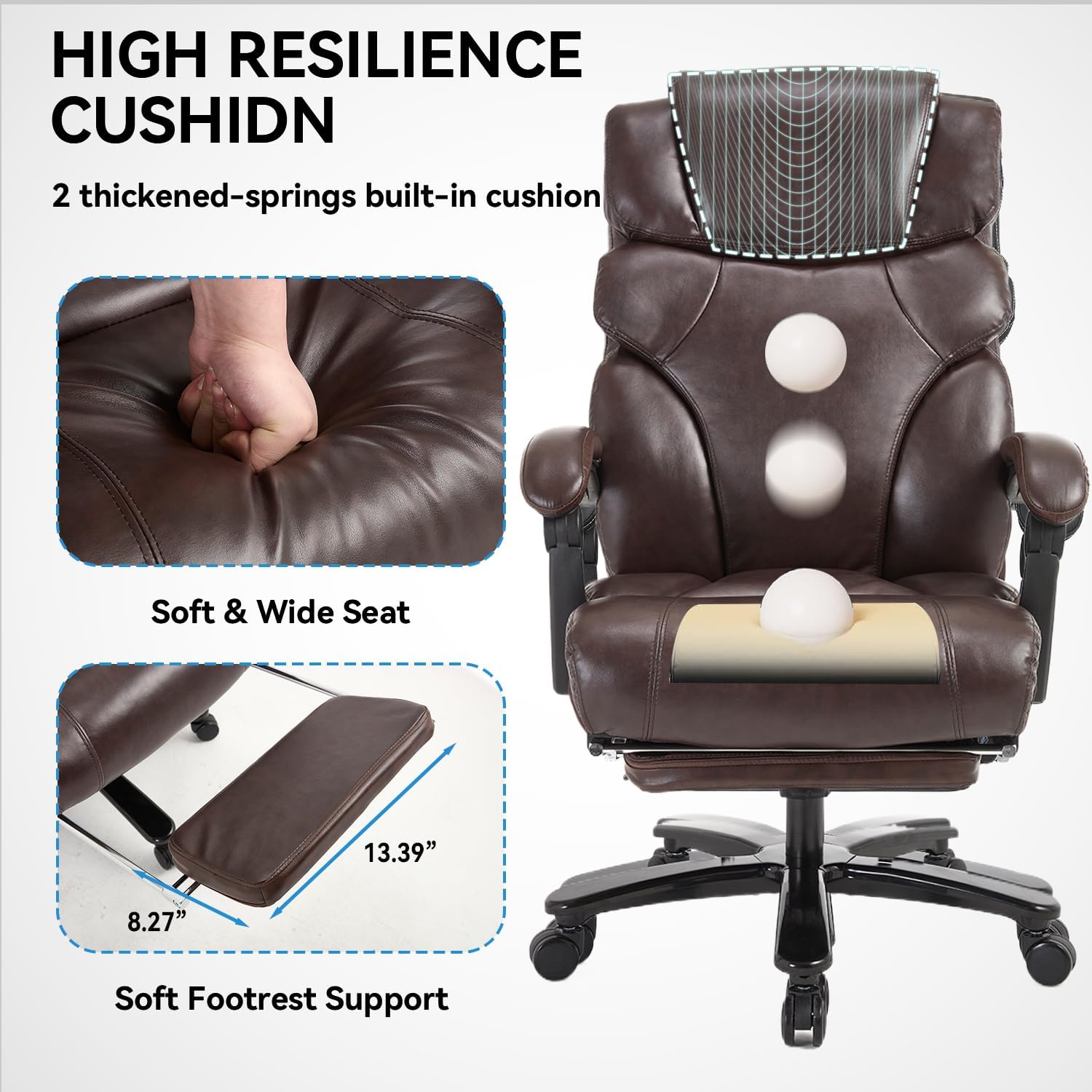 Heavy Duty Executive Office Chair, 500lbs Big and Tall Office Chair with Wide Seat, Reclining Ergonomic Desk Chair with Footrest PU Leather Computer Chair for Home Office, Red Brown