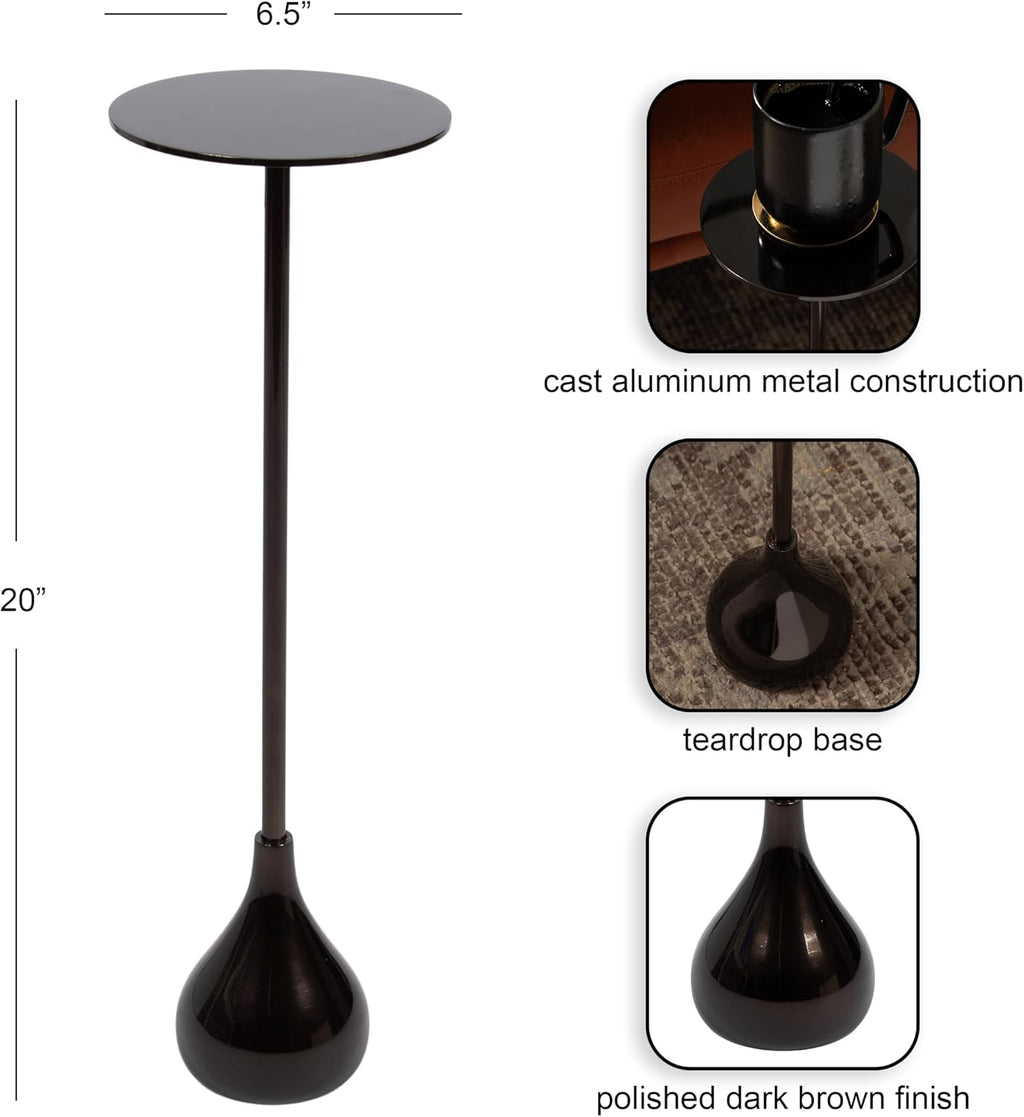 Kate and Laurel Hersi Decorative Modern Pedestal Drink Table, 7 x 7 x 20, Dark Brown, Cast Aluminum Mini Table with Teardrop Base for Use as Small Plant Stand or Living Room Martini Table