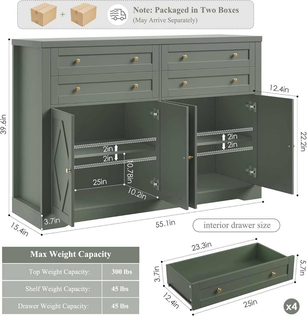 HOSTACK 55" Coffee Bar with 4 Large Drawers, 40" Tall Buffet Cabinet with Storage, Kitchen Storage Cabinet, Modern Farmhouse Sideboard Buffet, Adjustable Shelves for Living Room, Green