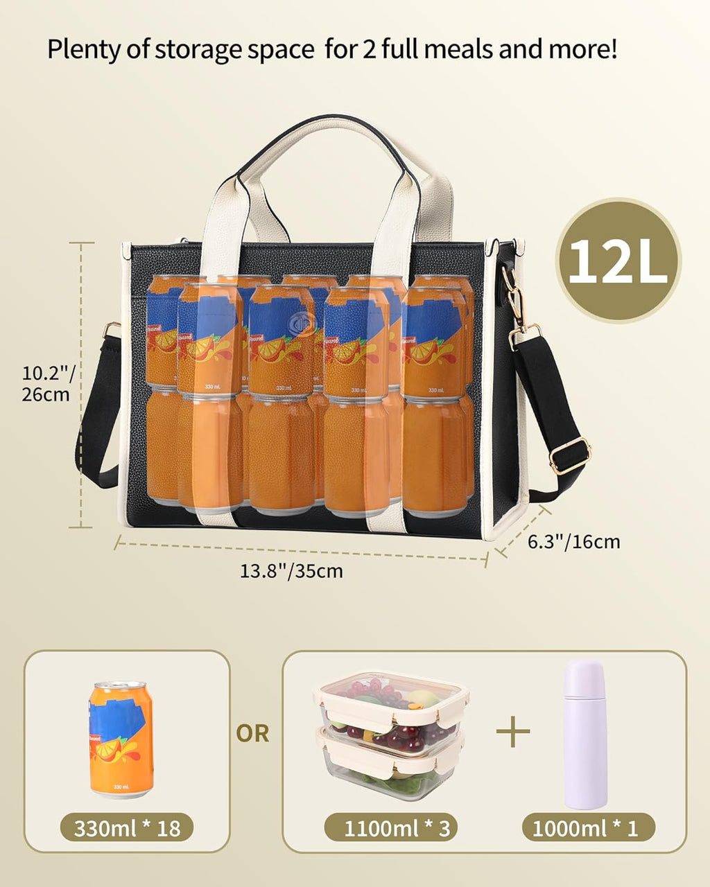Jetviivid Lunch Tote Bag for Women, PU Leather Lunch Bag with Tablet Compartment for Work, Ladies Thermal Lunch Box for 13'' iPad Tablet, Leakproof Fashion Cooler Bag, Black