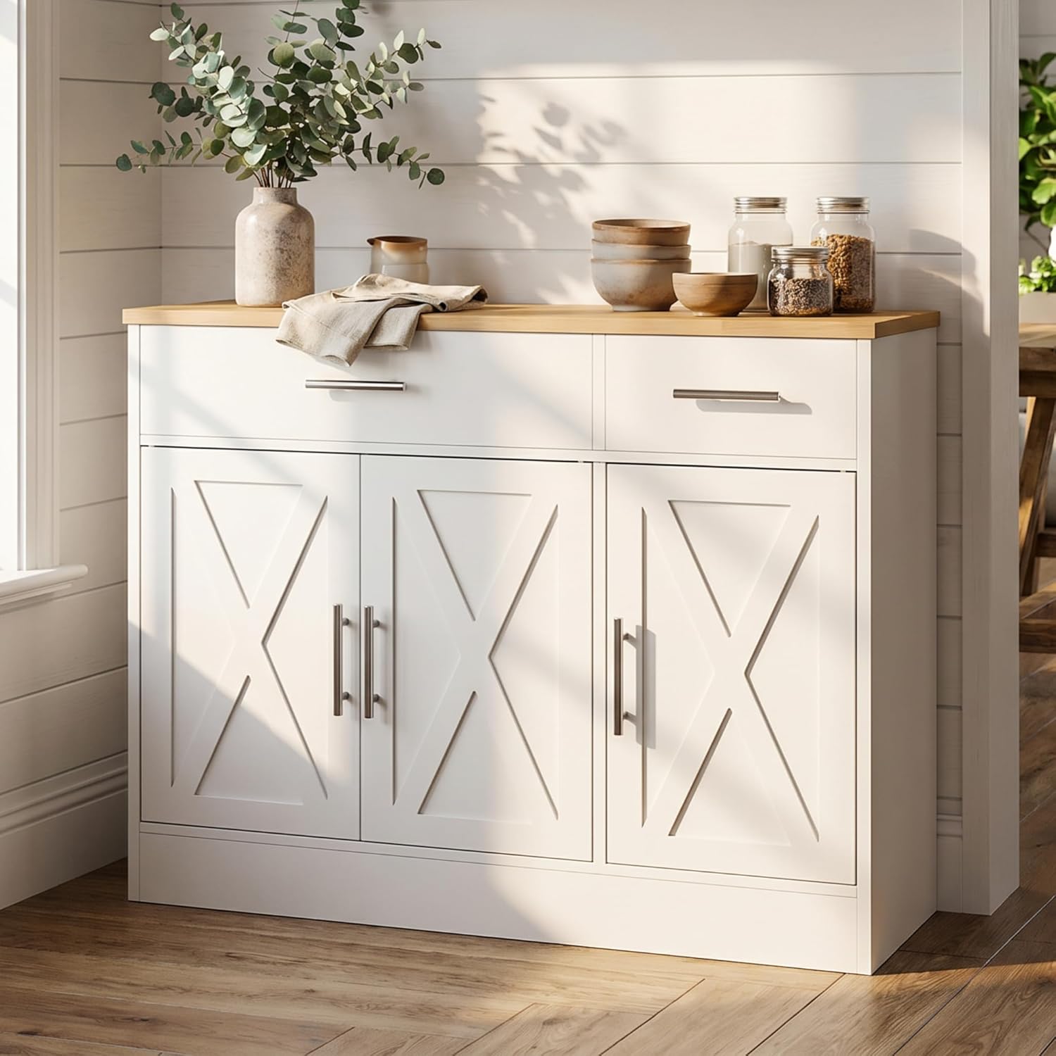SUNLEI Kitchen Buffet Sideboard Cabinet with Storage, Farmhouse Kitchen Cabinet with 3 Doors and 2 Drawers, Coffee Bar Cabinet with Storage for Living Room, White