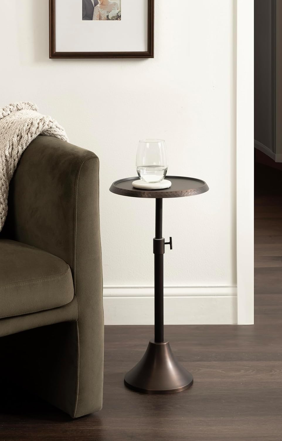 Kate and Laurel Sanzo Traditional Adjustable-Height Pedestal Drink Table, 11 x 11 x 30, Bronze, Vintage Round Indoor Metal Cocktail Table with Hammered Tabletop for Use as Indoor Plant Stand