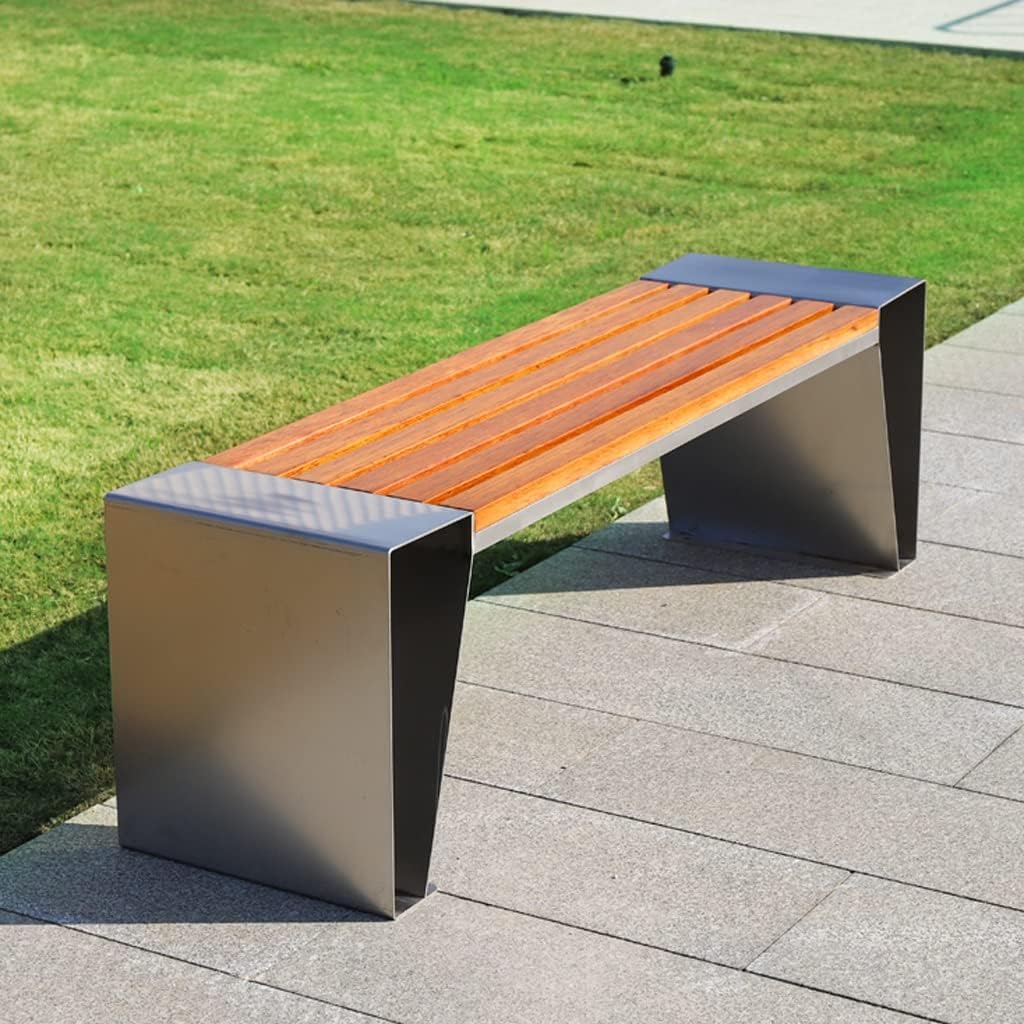 Outdoor Bench, Stainless Steel + Solid Wood Leisure Seat Scenic Commercial Wooden Stool Park Rest Garden Benches for Outdoors