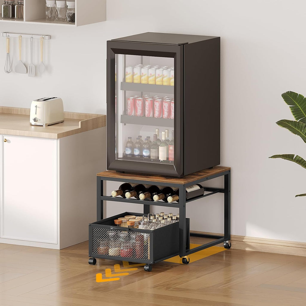 MAHANCRIS Mini Fridge Stand with Storage, Mini Fridge Cabinet with Movable Basket Cart, Mini Fridge Shelf with Wine Rack, Mobile Printer Stand, Mini Fridge Table, Rustic Brown and Black RSHR5101
