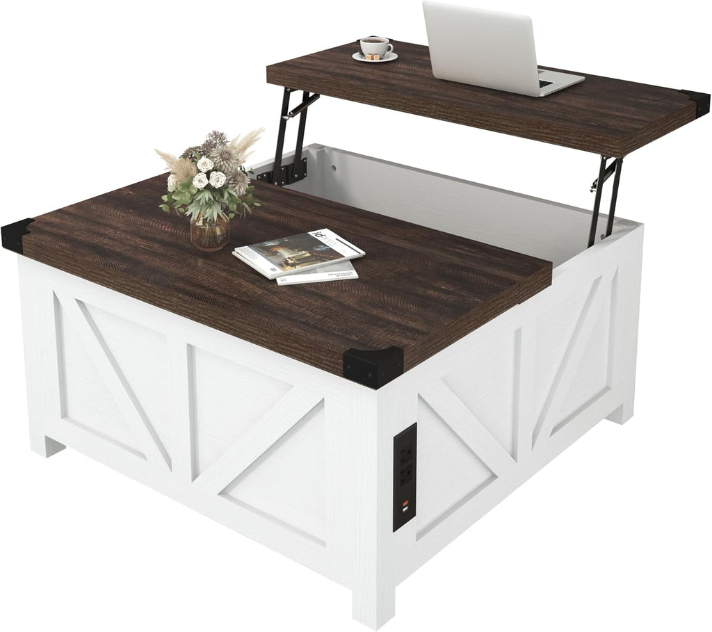 jimeimen Farmhouse Lift Top Coffee Table with Storage, Wood Square Center Table with Charging Station&USB Port, Living Room Table w/Large Hidden Space, for Living Room, Bedroom, Home Office, White