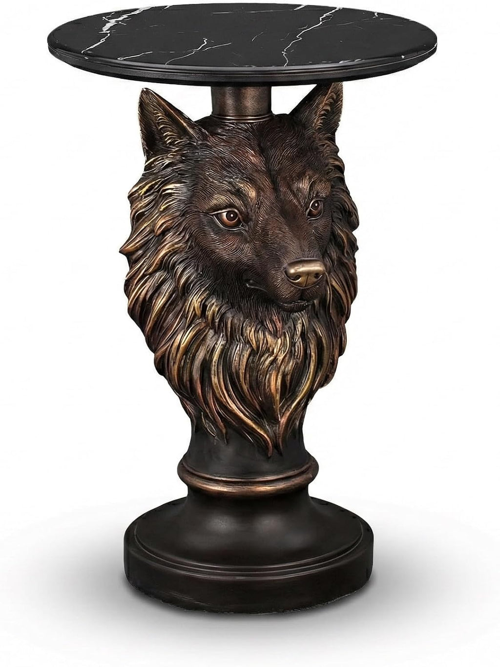 Animal Statue Accent End Table Faux Marble Top Resin Sculptural Pedestal Side Table for Living Room Bedroom Entryway Reading Nook Home Decor Display Stand Small Round Nightstand (Wolf Head)