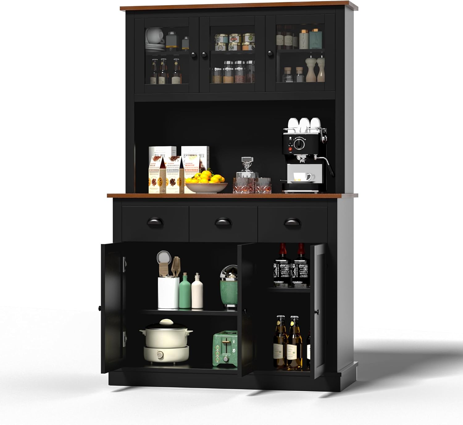 MU 71" Kitchen Pantry Cabinet with Charging Station, Tall Pantry Hutch with Drawers, Countertop & Microwave Shelf, Food Storage Cabinet for Dining Room & Coffee Bar, Black