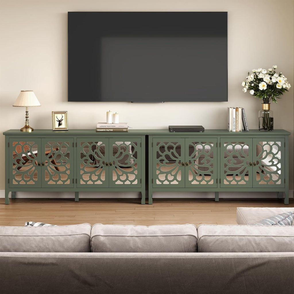 RoyalCraft 63'' Buffet Cabinet with Mirror Butterfly Carved Door, Sideboard Cabinet with Adjustable Shelves, Vintage Accent Credenza Media Console for Entryway, Kitchen, Forest Green