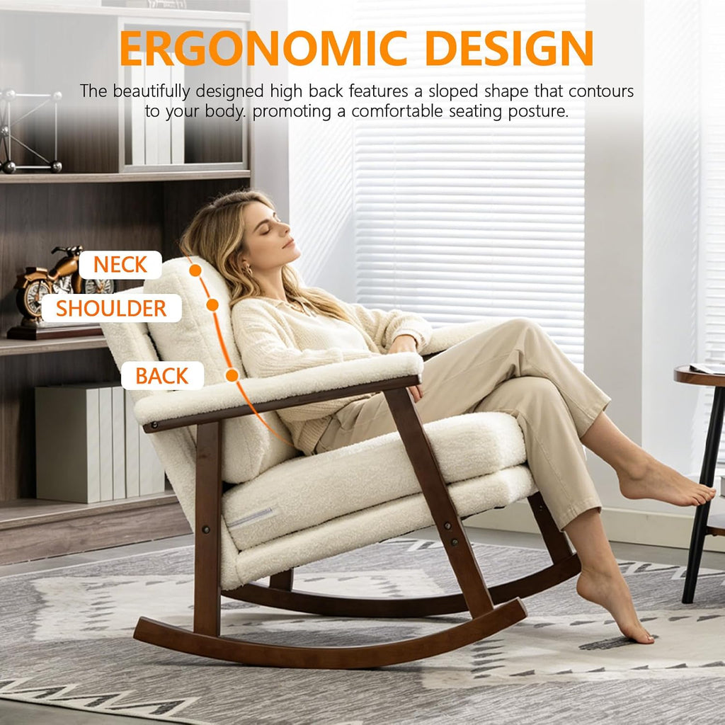 Nursery Rocking Chair with Upholstered Cushion, Wooden Frame Glider Rocker for Nursery, Comfortable Reading Armchair for Living Room, Bedroom & Sunroom (Antique White)